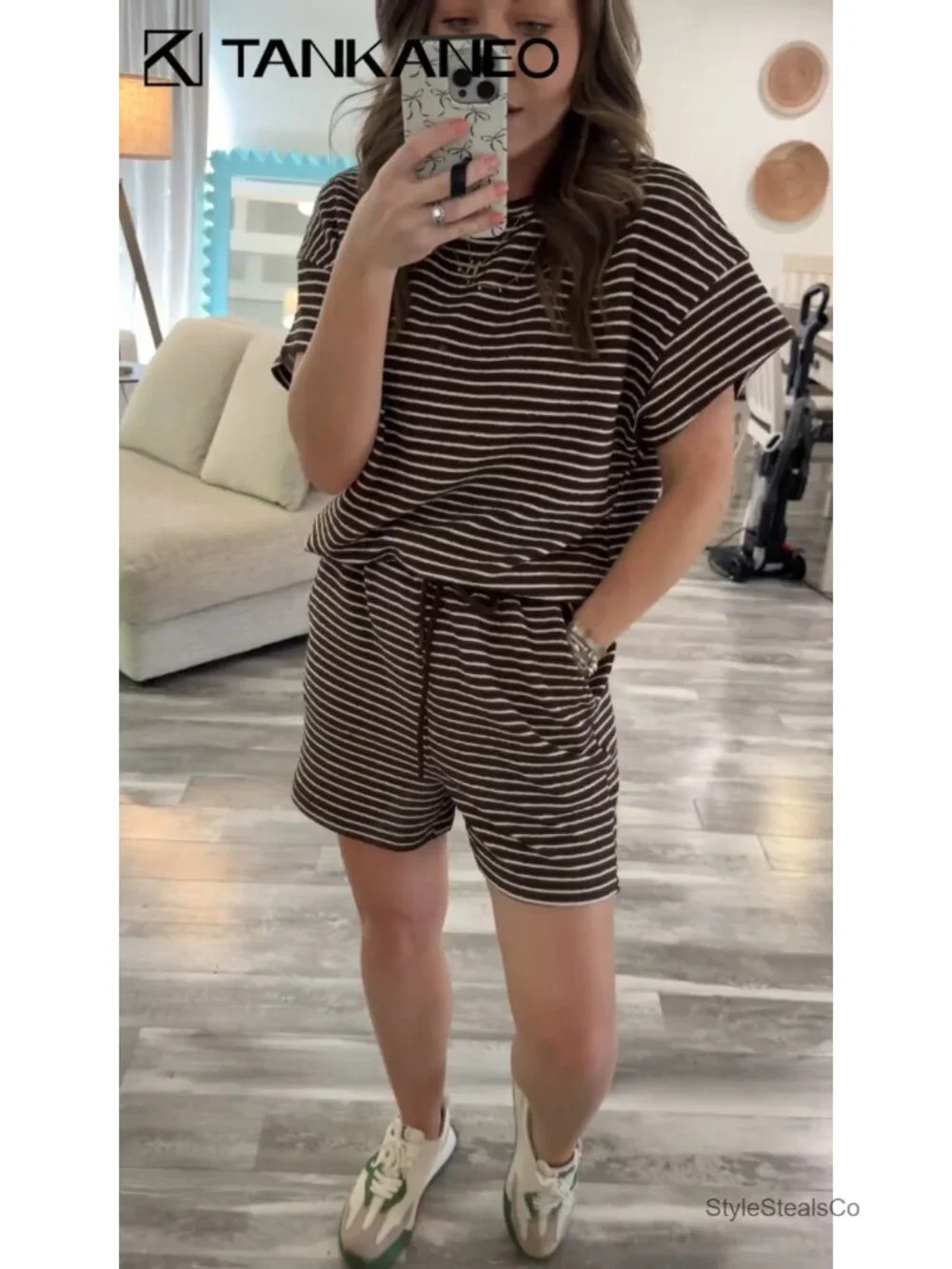 Striped 2 Piece Lounge Set Short Sleeve Oversized T Shirts Drawstring Shorts
